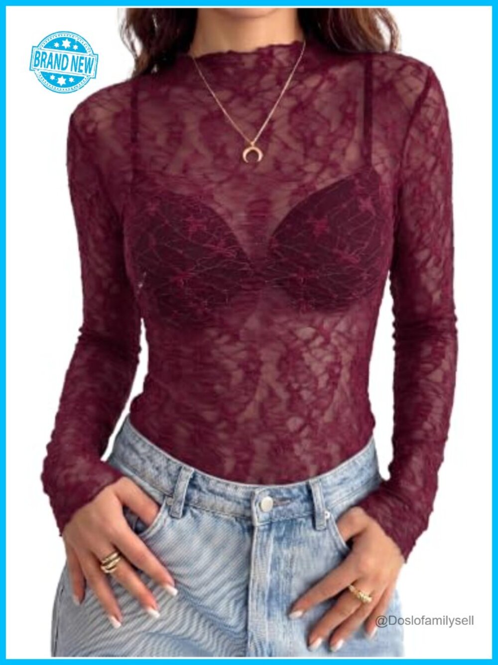 Mesh Lace Long Sleeve Top Mock Neck Sheer Blouse for Women